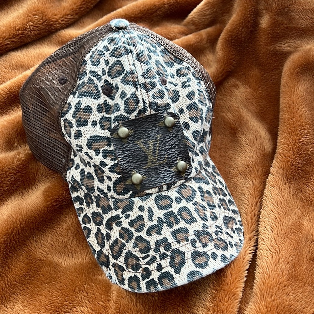 Cheetah baseball hat with repurposed lv logo
